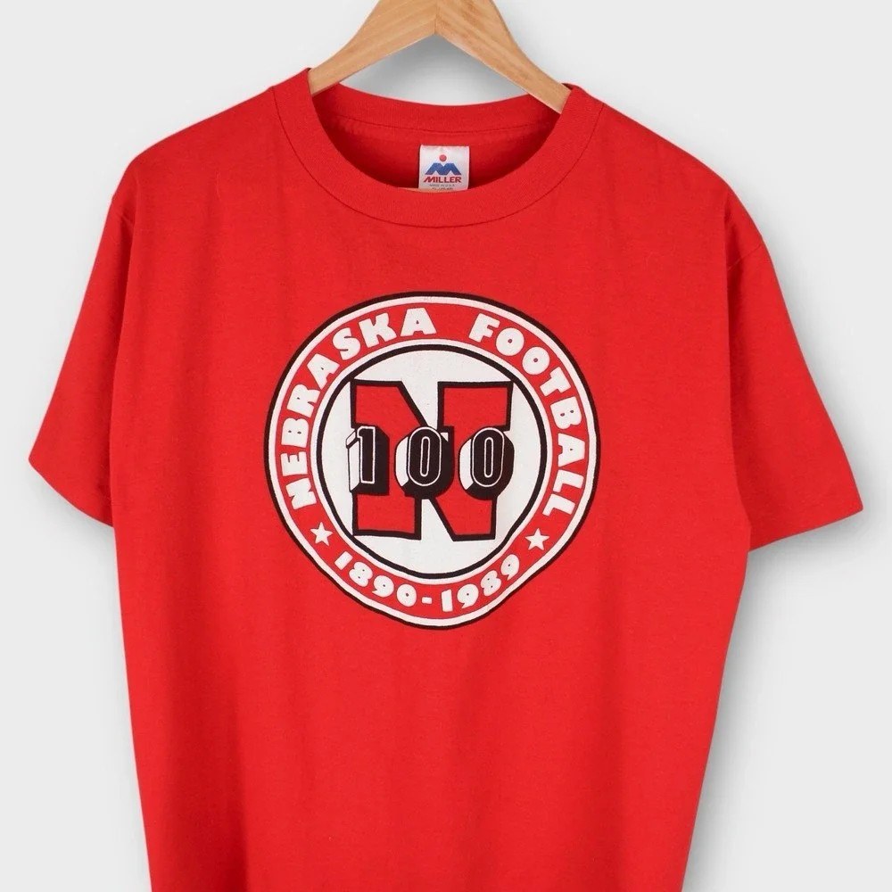Vintage Nebraska Huskers Football 100 Year Anniversary T Shirt Red‎ USA Made XL